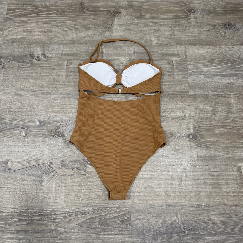 Tan Halter Strapless Scallop One Piece Small High Waisted Bathing Swimsuit - Picture 3 of 7